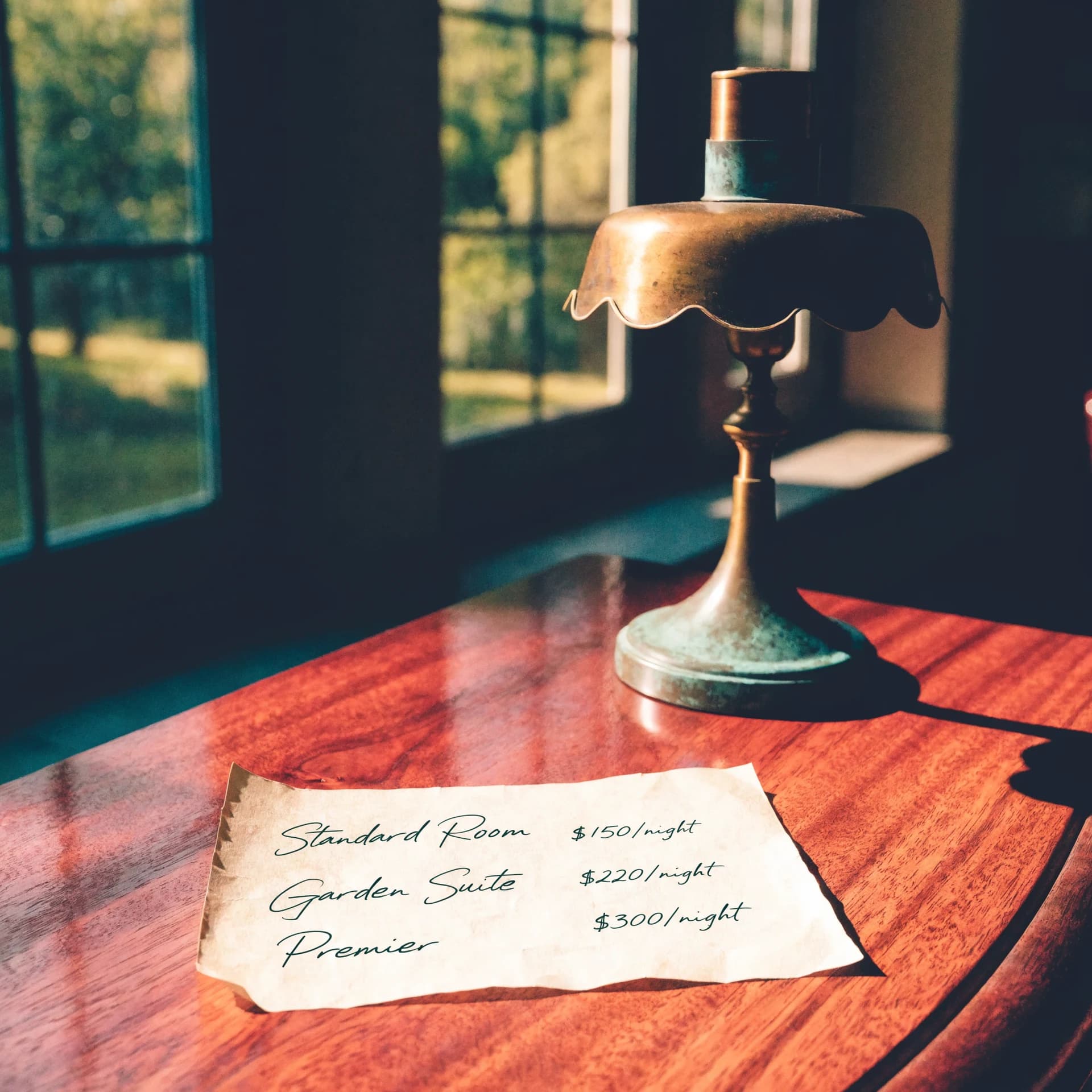 Handwritten room-rate card in verdigris ink on a polished walnut hotel desk in warm window light.
