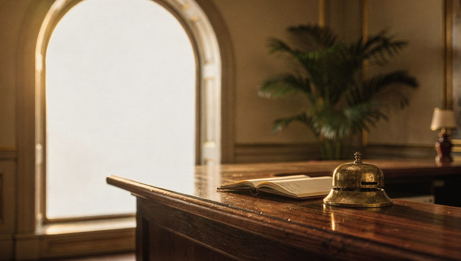 Boutique hotel reception desk in warm morning light, with a patinated brass desk bell on a walnut counter and an open guest ledger.